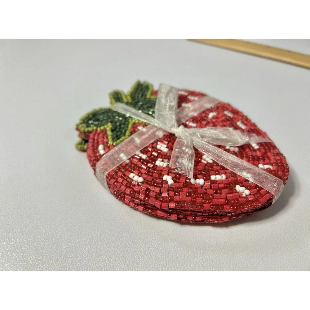 Strawberry Hand Beaded Drink Coasters Set of 4 Fruit Kitchen Cottage Decor